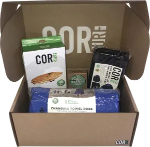 COR Surf Surfing Gift Box Bundle (4 Items) Includes Microfiber Changing Poncho | Wetsuit Changing Mat | Surfboard Wall Rack | Surf Wax All-in-one Gift Set
