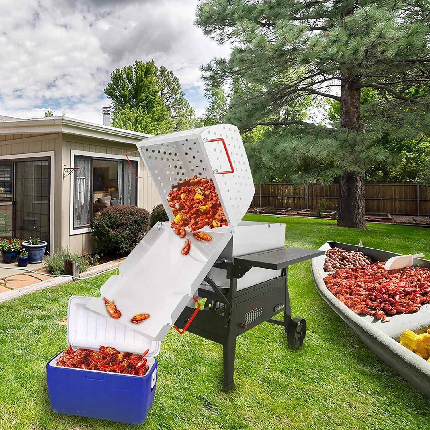 Creole Feast CFB1001A 90 qt. Crawfish Seafood Boiler, Single Sack Outdoor Stove Propane Gas Cooker with 10-psi Regulator and Folding Tank Mounting Bracket, for Crawfish Season