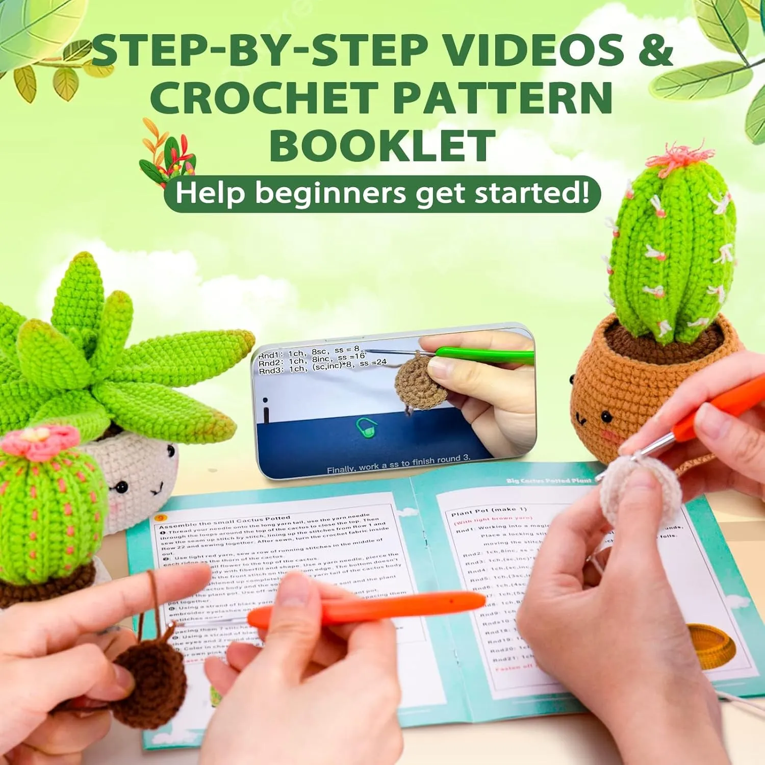 Crochetta Crochet Kit for Beginners - Crochet Starter Kit with Step-by-Step Video Tutorials, Learn to Crochet Kits for Adults and Kids, DIY Knitting Supplies, 4 Pack Plants Family(40%  Yarn)