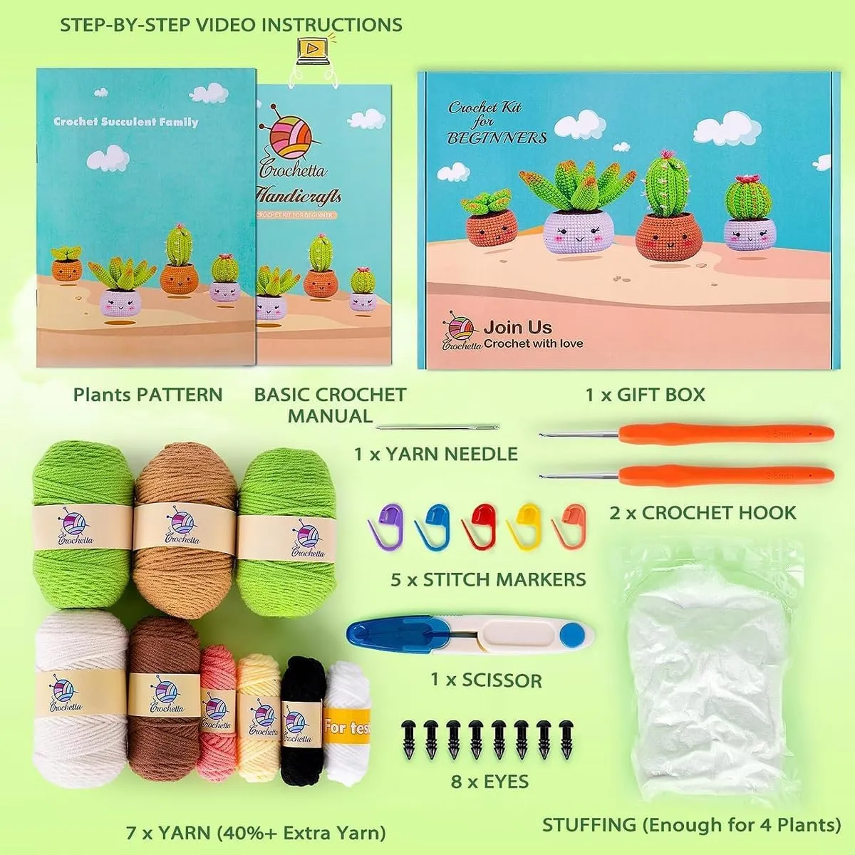 Crochetta Crochet Kit for Beginners - Crochet Starter Kit with Step-by-Step Video Tutorials, Learn to Crochet Kits for Adults and Kids, DIY Knitting Supplies, 4 Pack Plants Family(40%  Yarn)
