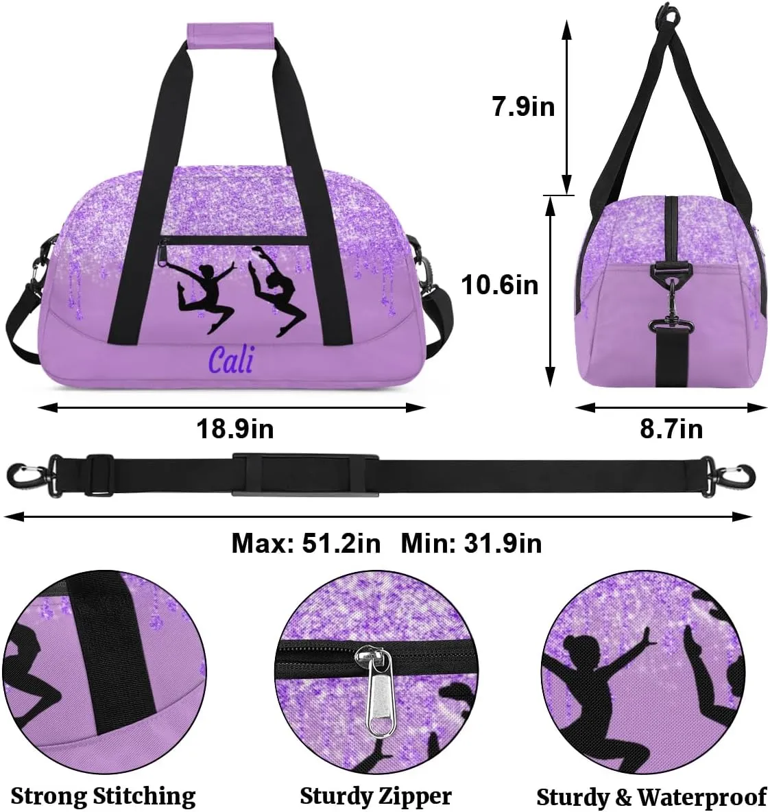 Custom Gym Ballet Dance Bag for Girls Sports Bag, Personalized Travel Bag Overnight Duffel Bag Gymnastics Swimming Sleepover Overnight Sports Bag, Medium Orchid Purple Cute Gym Silhouette
