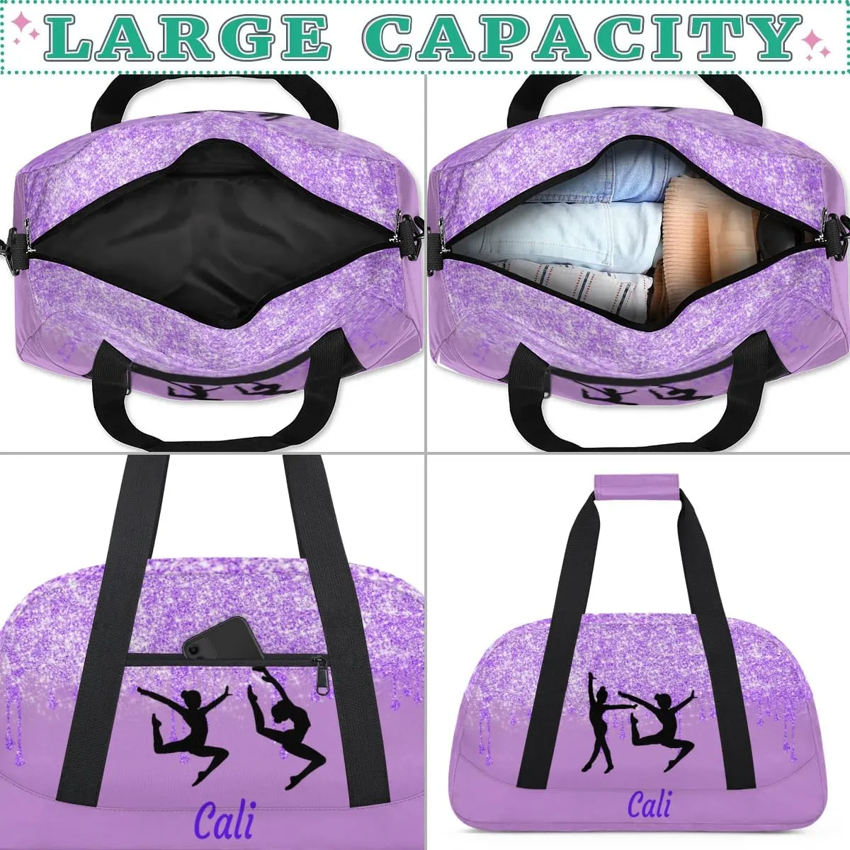 Custom Gym Ballet Dance Bag for Girls Sports Bag, Personalized Travel Bag Overnight Duffel Bag Gymnastics Swimming Sleepover Overnight Sports Bag, Medium Orchid Purple Cute Gym Silhouette