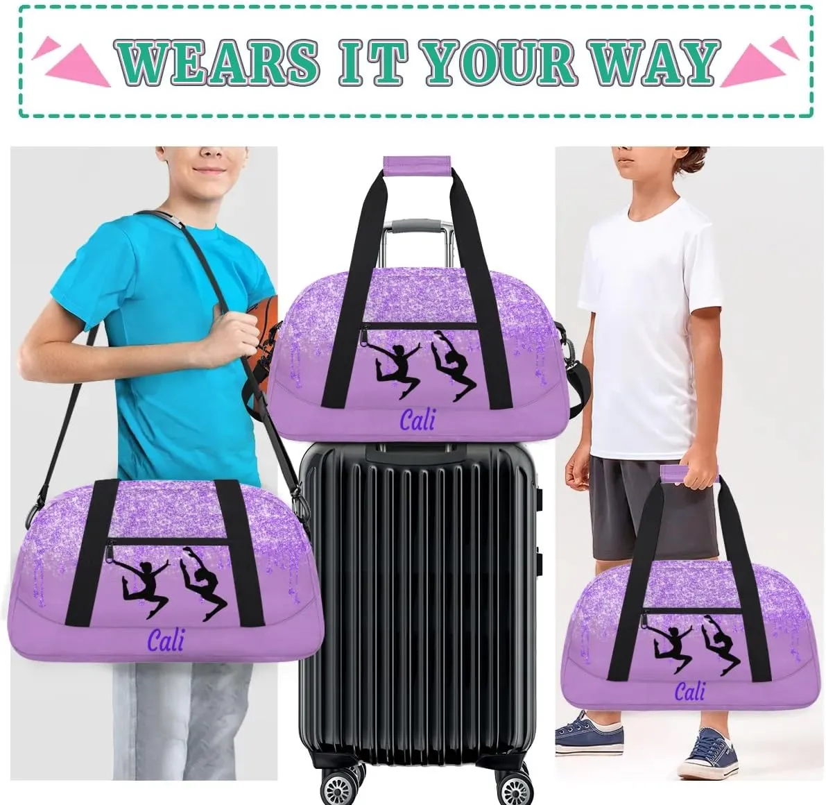Custom Gym Ballet Dance Bag for Girls Sports Bag, Personalized Travel Bag Overnight Duffel Bag Gymnastics Swimming Sleepover Overnight Sports Bag, Medium Orchid Purple Cute Gym Silhouette