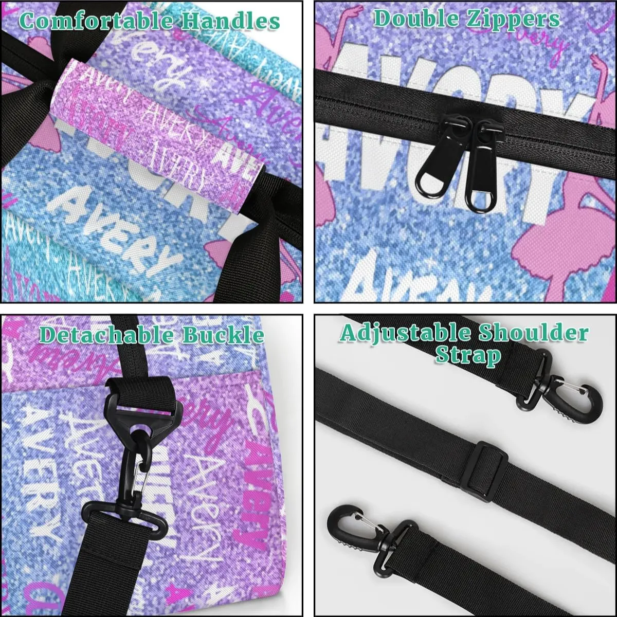 Custom Name Dance Bag for Girls Sport Gym Duffel Bag, Personalized Full Name Bag Customized Travel Duffle Bag, Gradient Pink Blue Glittering
