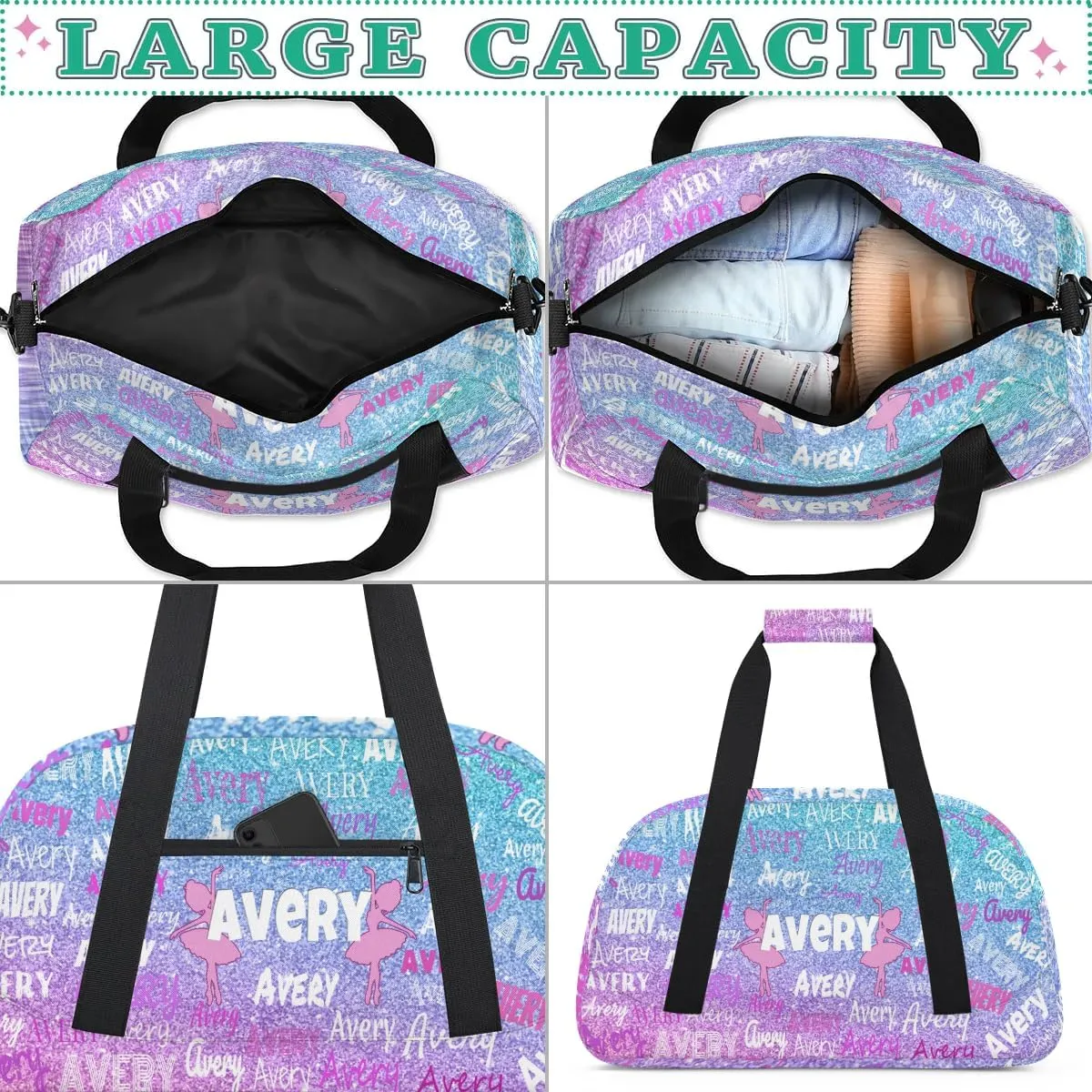 Custom Name Dance Bag for Girls Sport Gym Duffel Bag, Personalized Full Name Bag Customized Travel Duffle Bag, Gradient Pink Blue Glittering