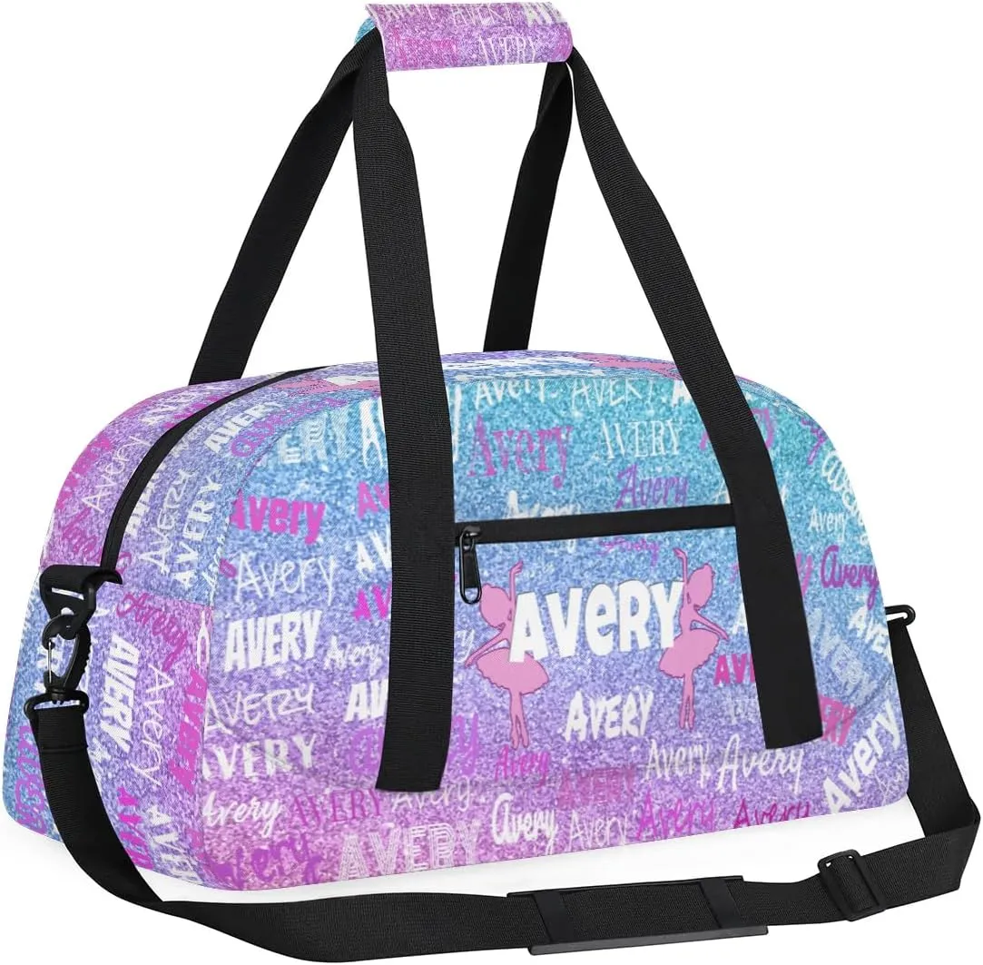Custom Name Dance Bag for Girls Sport Gym Duffel Bag, Personalized Full Name Bag Customized Travel Duffle Bag, Gradient Pink Blue Glittering
