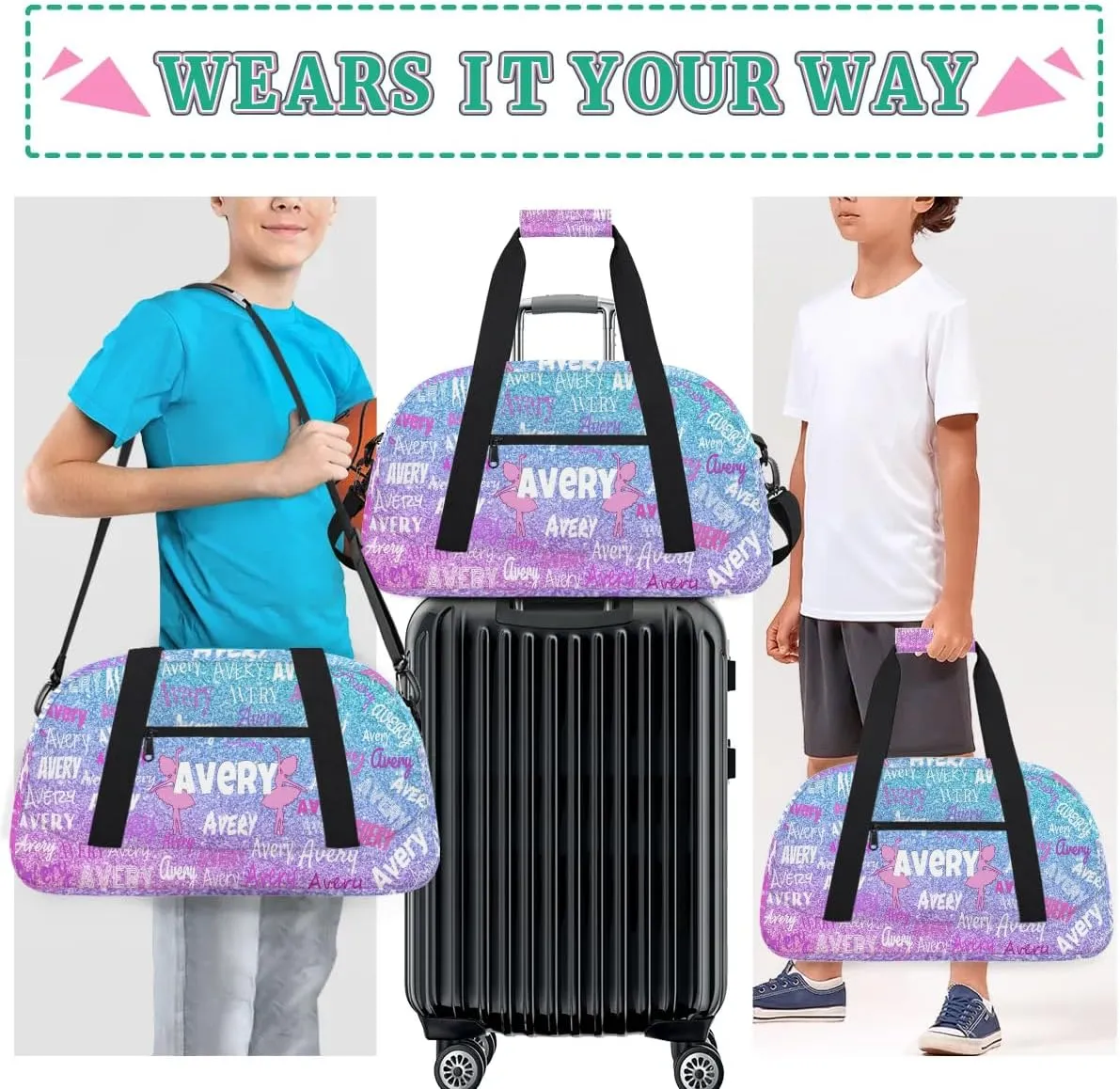 Custom Name Dance Bag for Girls Sport Gym Duffel Bag, Personalized Full Name Bag Customized Travel Duffle Bag, Gradient Pink Blue Glittering