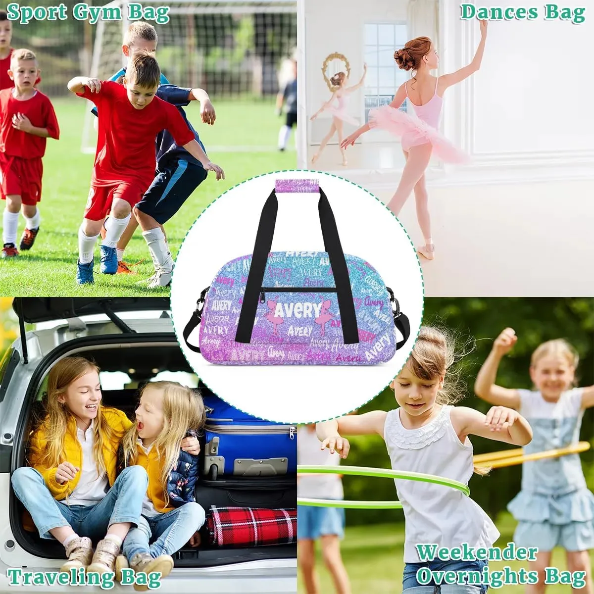 Custom Name Dance Bag for Girls Sport Gym Duffel Bag, Personalized Full Name Bag Customized Travel Duffle Bag, Gradient Pink Blue Glittering