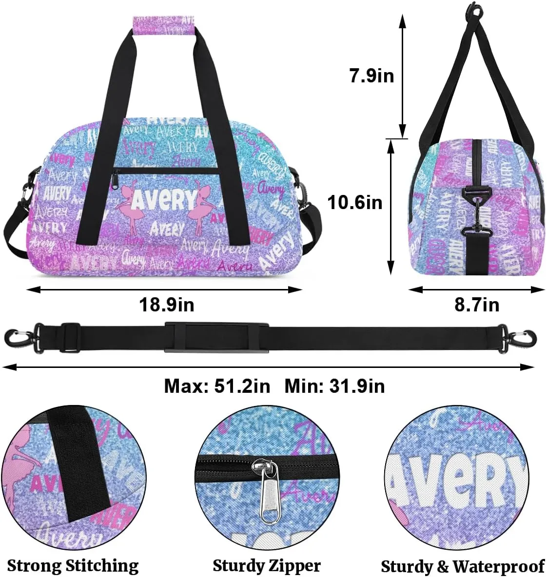 Custom Name Dance Bag for Girls Sport Gym Duffel Bag, Personalized Full Name Bag Customized Travel Duffle Bag, Gradient Pink Blue Glittering