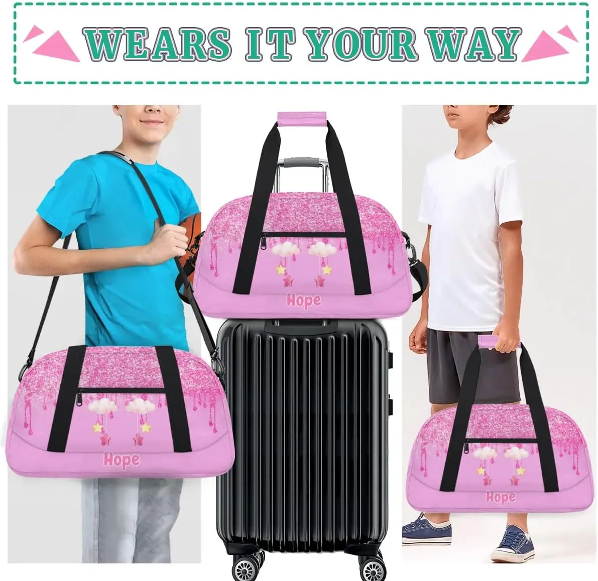 Custom Name Dance Ballet Bag Girls Light Pink, Gym Bag Sports Travel Duffle Bag Tote Carry On Weekend Sports Overnight Travel Bag, Pink Glitter with Cartoon Cloud and Stars