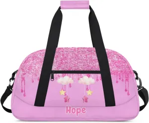 Custom Name Dance Ballet Bag Girls Light Pink, Gym Bag Sports Travel Duffle Bag Tote Carry On Weekend Sports Overnight Travel Bag, Pink Glitter with Cartoon Cloud and Stars