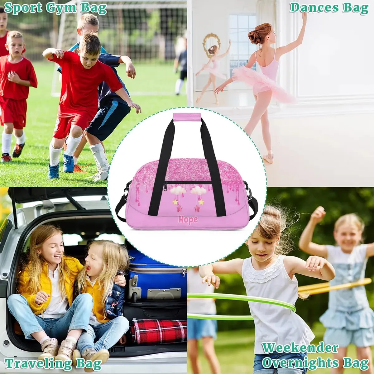 Custom Name Dance Ballet Bag Girls Light Pink, Gym Bag Sports Travel Duffle Bag Tote Carry On Weekend Sports Overnight Travel Bag, Pink Glitter with Cartoon Cloud and Stars