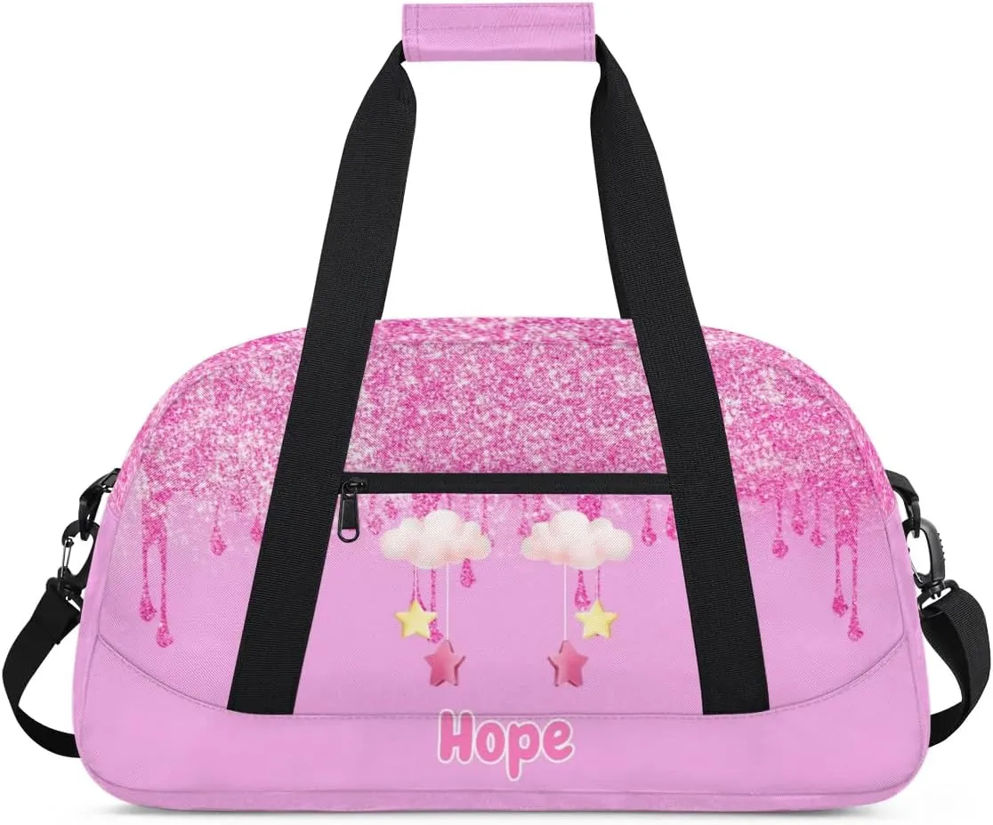 Custom Name Dance Ballet Bag Girls Light Pink, Gym Bag Sports Travel Duffle Bag Tote Carry On Weekend Sports Overnight Travel Bag, Pink Glitter with Cartoon Cloud and Stars