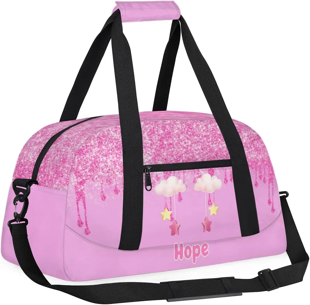 Custom Name Dance Ballet Bag Girls Light Pink, Gym Bag Sports Travel Duffle Bag Tote Carry On Weekend Sports Overnight Travel Bag, Pink Glitter with Cartoon Cloud and Stars