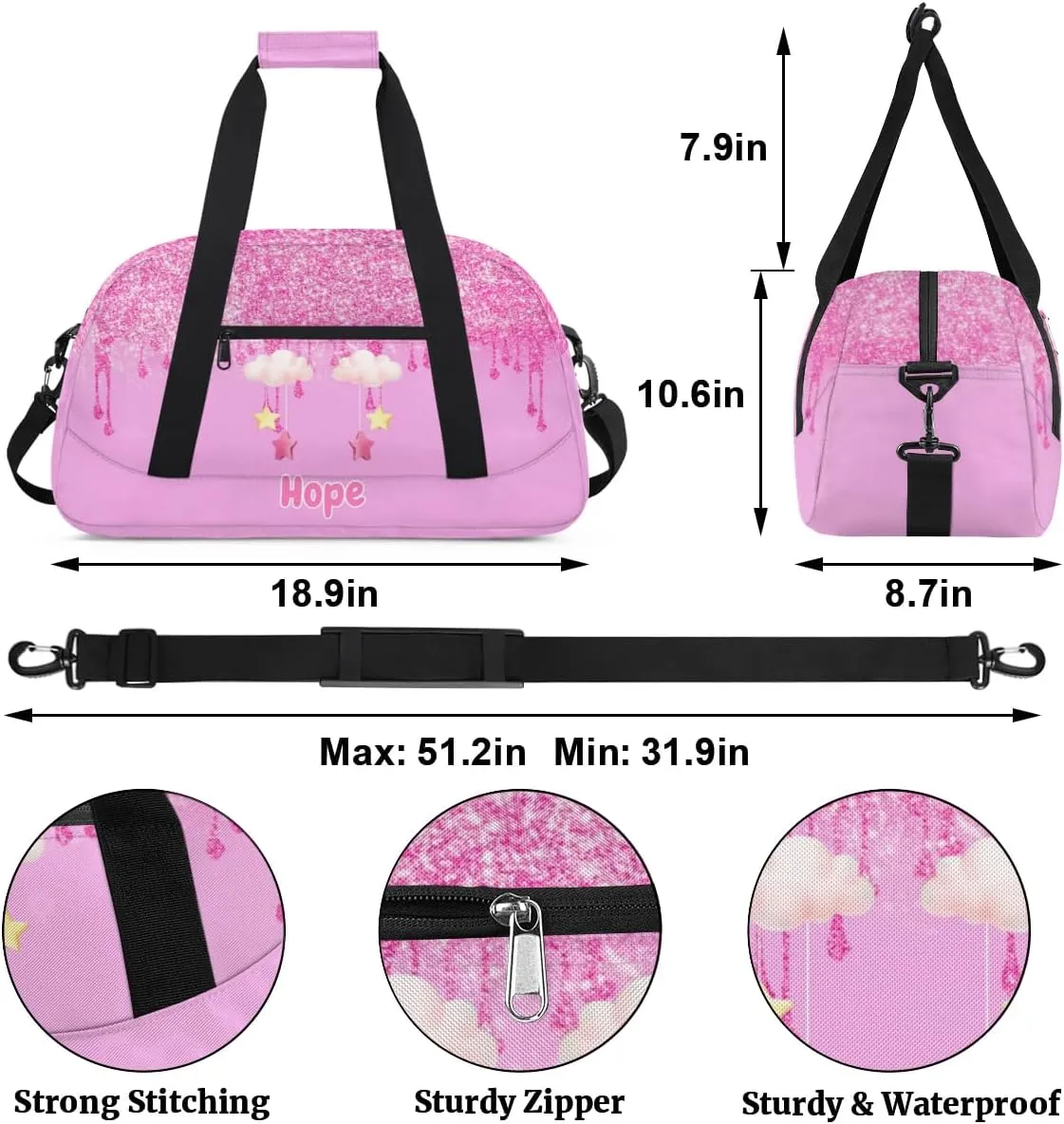 Custom Name Dance Ballet Bag Girls Light Pink, Gym Bag Sports Travel Duffle Bag Tote Carry On Weekend Sports Overnight Travel Bag, Pink Glitter with Cartoon Cloud and Stars