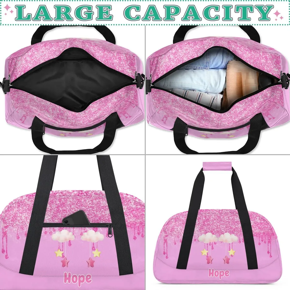 Custom Name Dance Ballet Bag Girls Light Pink, Gym Bag Sports Travel Duffle Bag Tote Carry On Weekend Sports Overnight Travel Bag, Pink Glitter with Cartoon Cloud and Stars