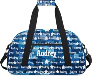Custom Name Sport Bag Soccer Gym Duffel Bag, Personalized Full Name Dance Bag Customized Travel Football Basketball Duffle Bag, Blue Geometric Square Pattern Background