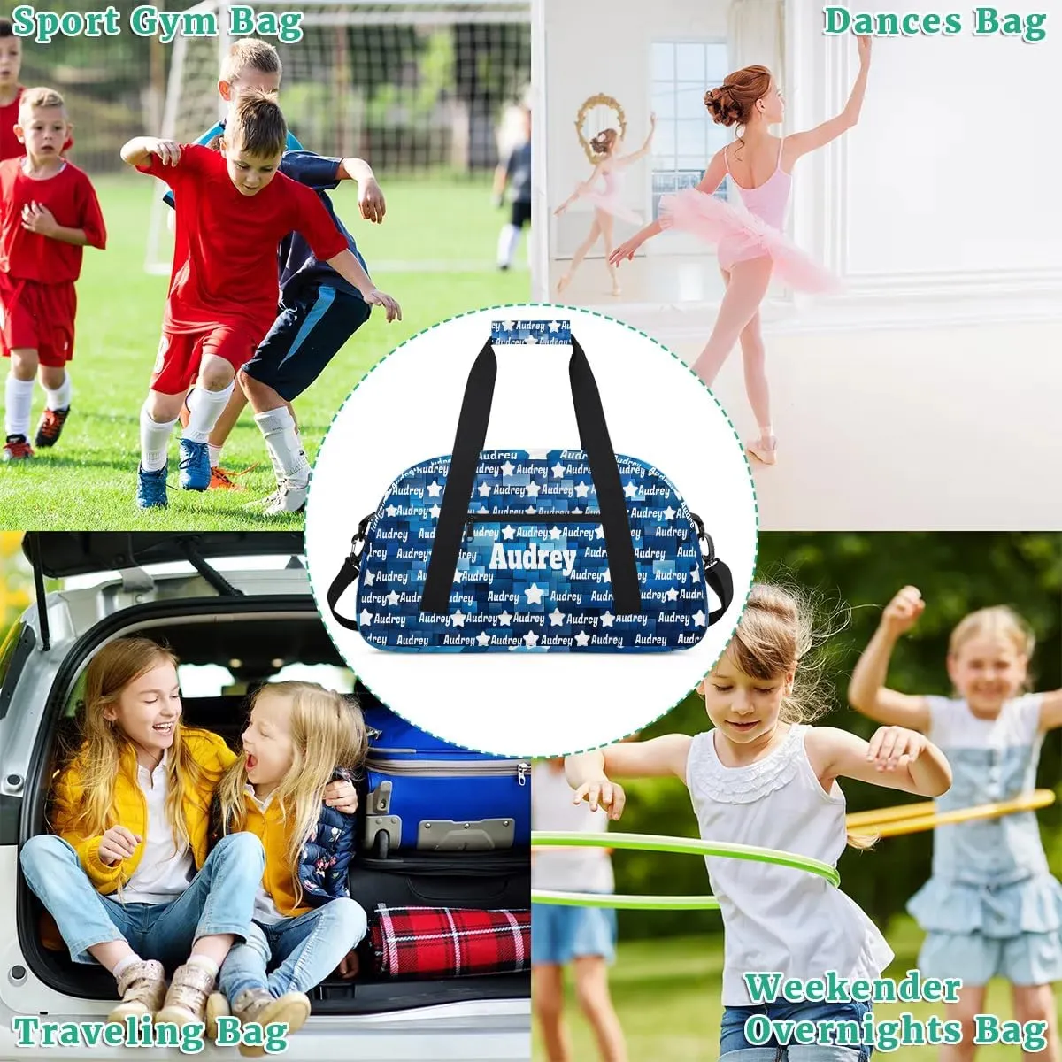 Custom Name Sport Bag Soccer Gym Duffel Bag, Personalized Full Name Dance Bag Customized Travel Football Basketball Duffle Bag, Blue Geometric Square Pattern Background