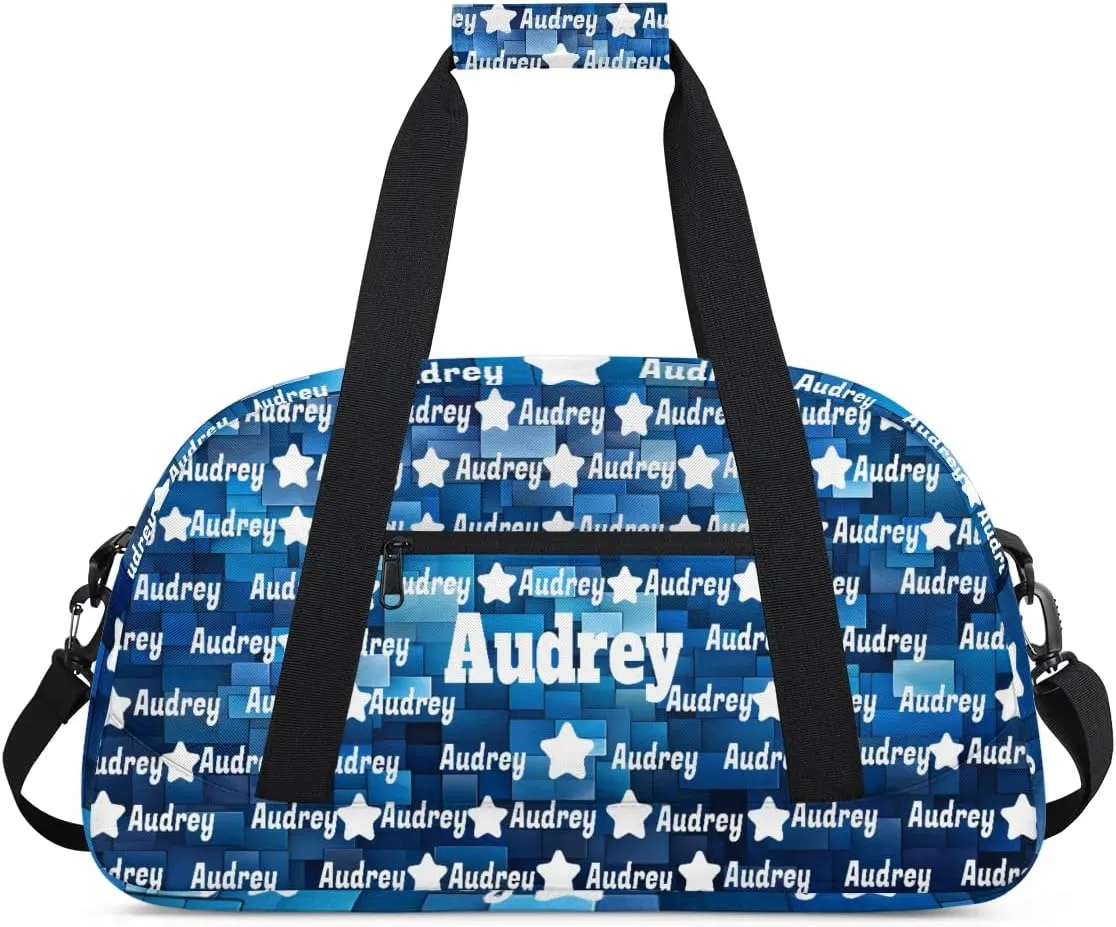 Custom Name Sport Bag Soccer Gym Duffel Bag, Personalized Full Name Dance Bag Customized Travel Football Basketball Duffle Bag, Blue Geometric Square Pattern Background