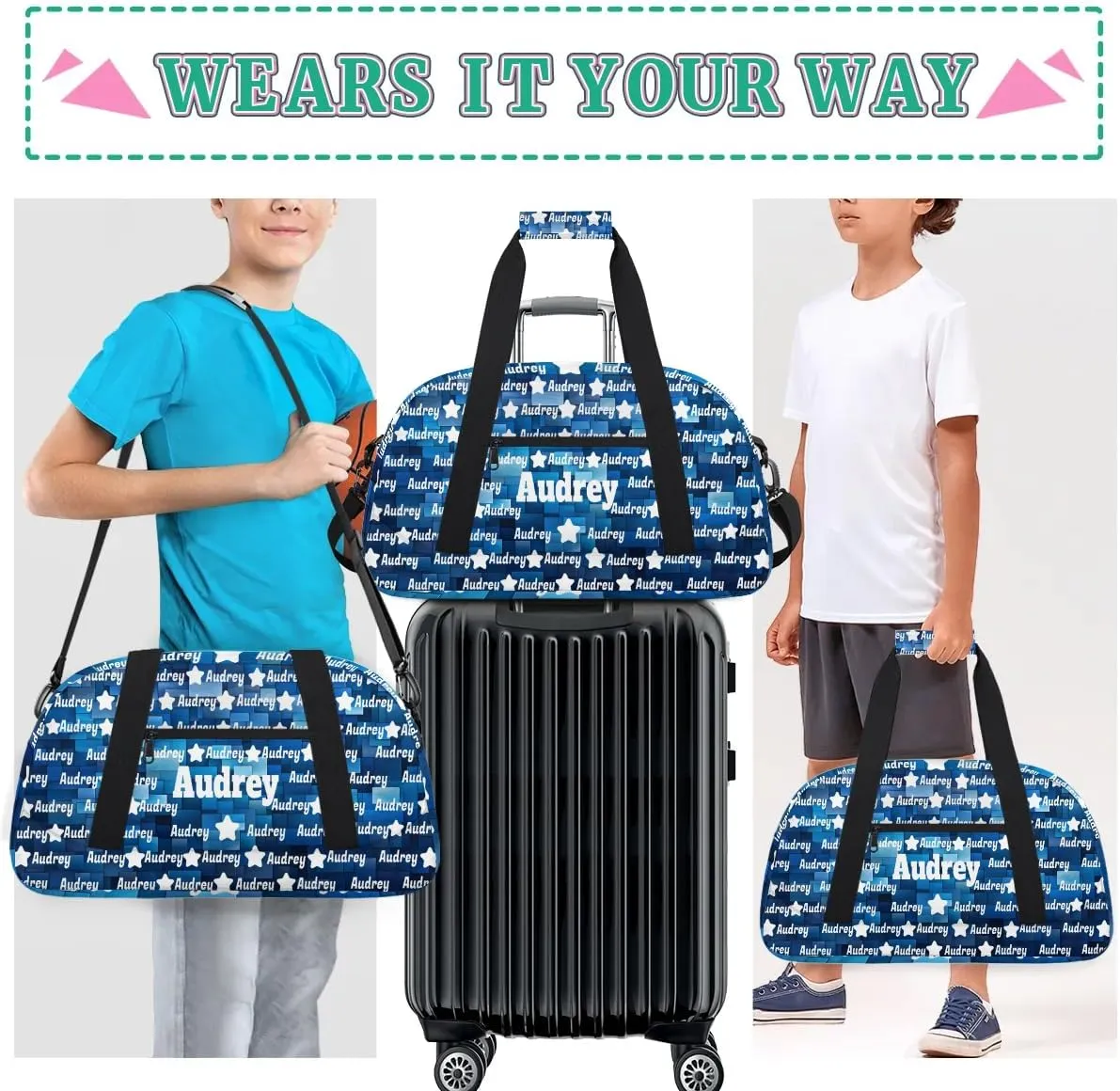 Custom Name Sport Bag Soccer Gym Duffel Bag, Personalized Full Name Dance Bag Customized Travel Football Basketball Duffle Bag, Blue Geometric Square Pattern Background