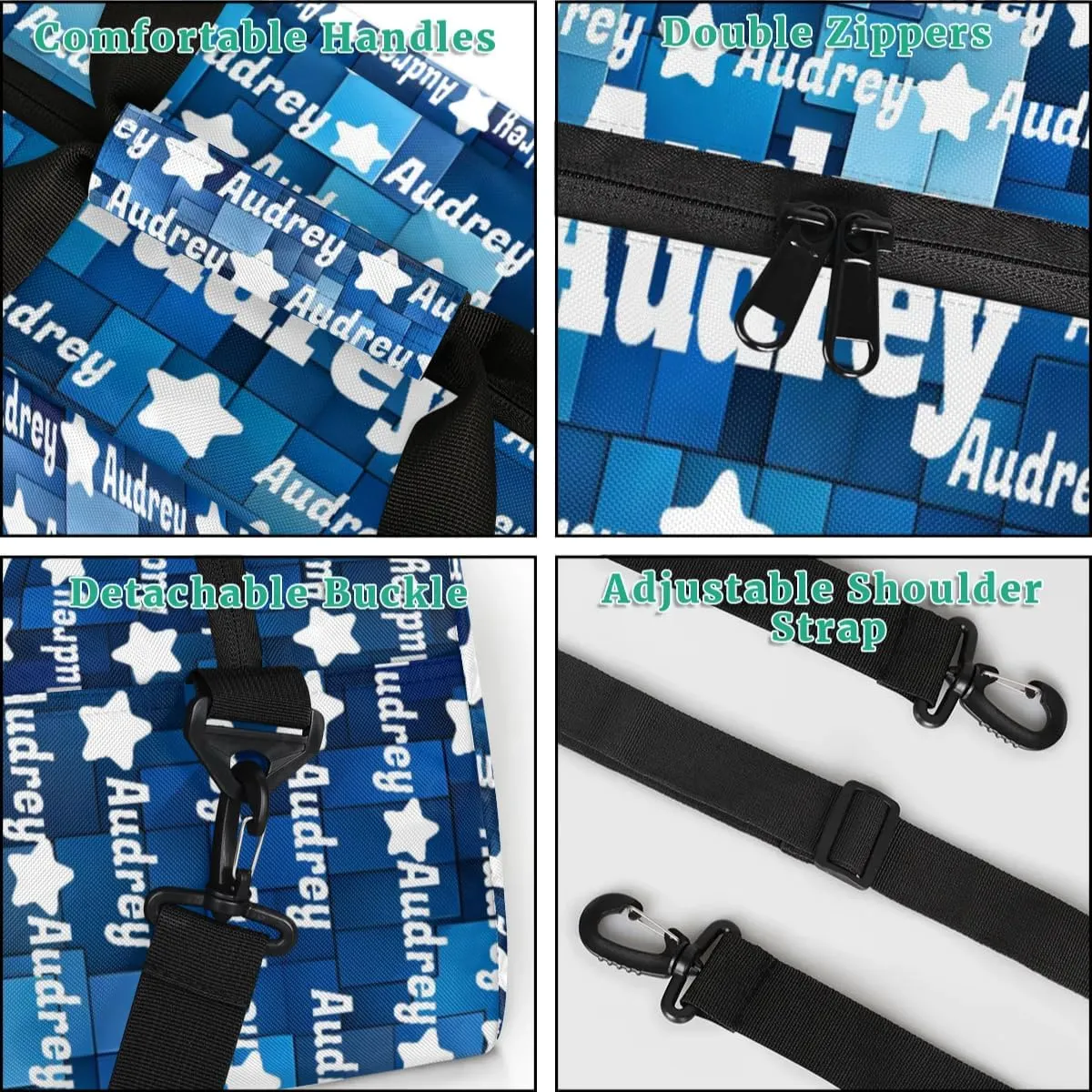 Custom Name Sport Bag Soccer Gym Duffel Bag, Personalized Full Name Dance Bag Customized Travel Football Basketball Duffle Bag, Blue Geometric Square Pattern Background