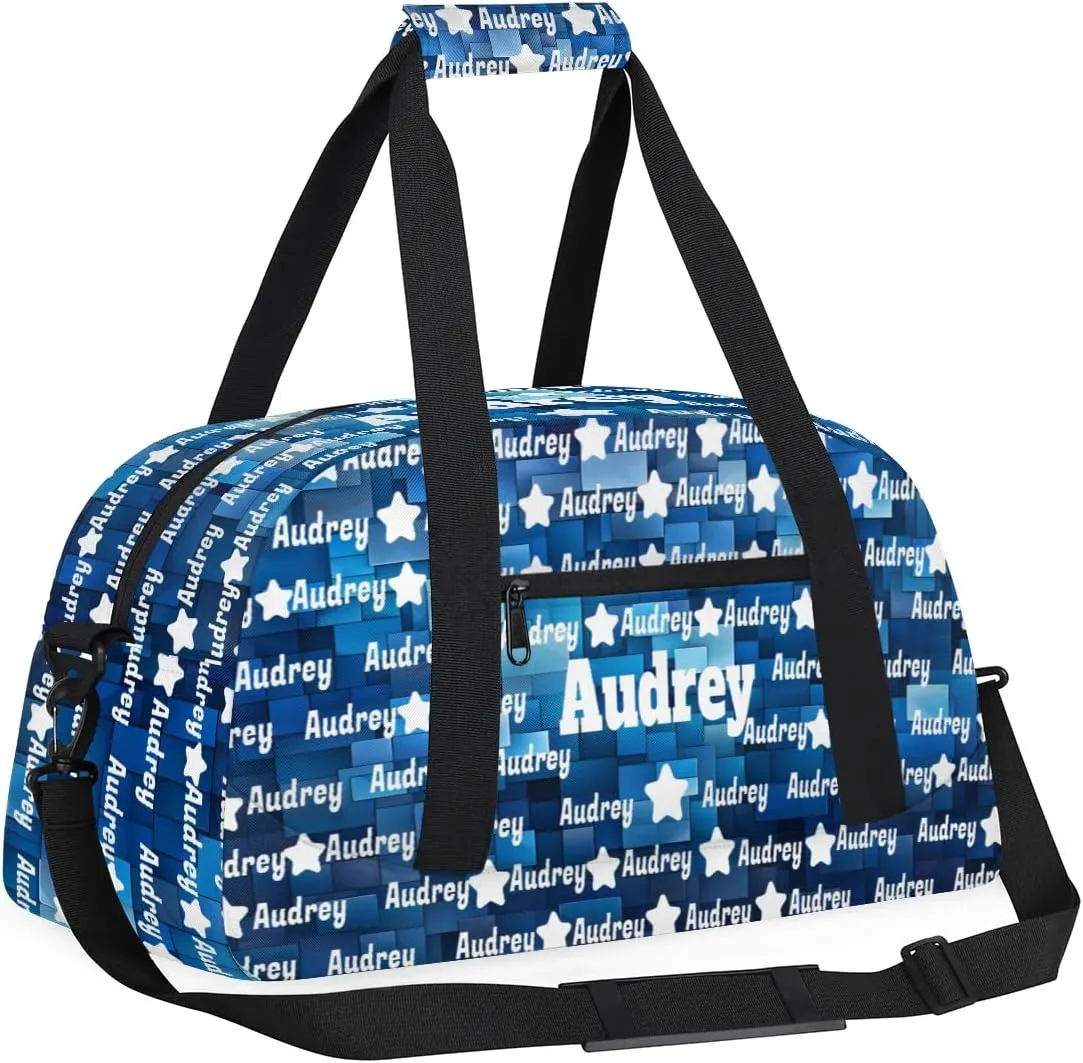 Custom Name Sport Bag Soccer Gym Duffel Bag, Personalized Full Name Dance Bag Customized Travel Football Basketball Duffle Bag, Blue Geometric Square Pattern Background