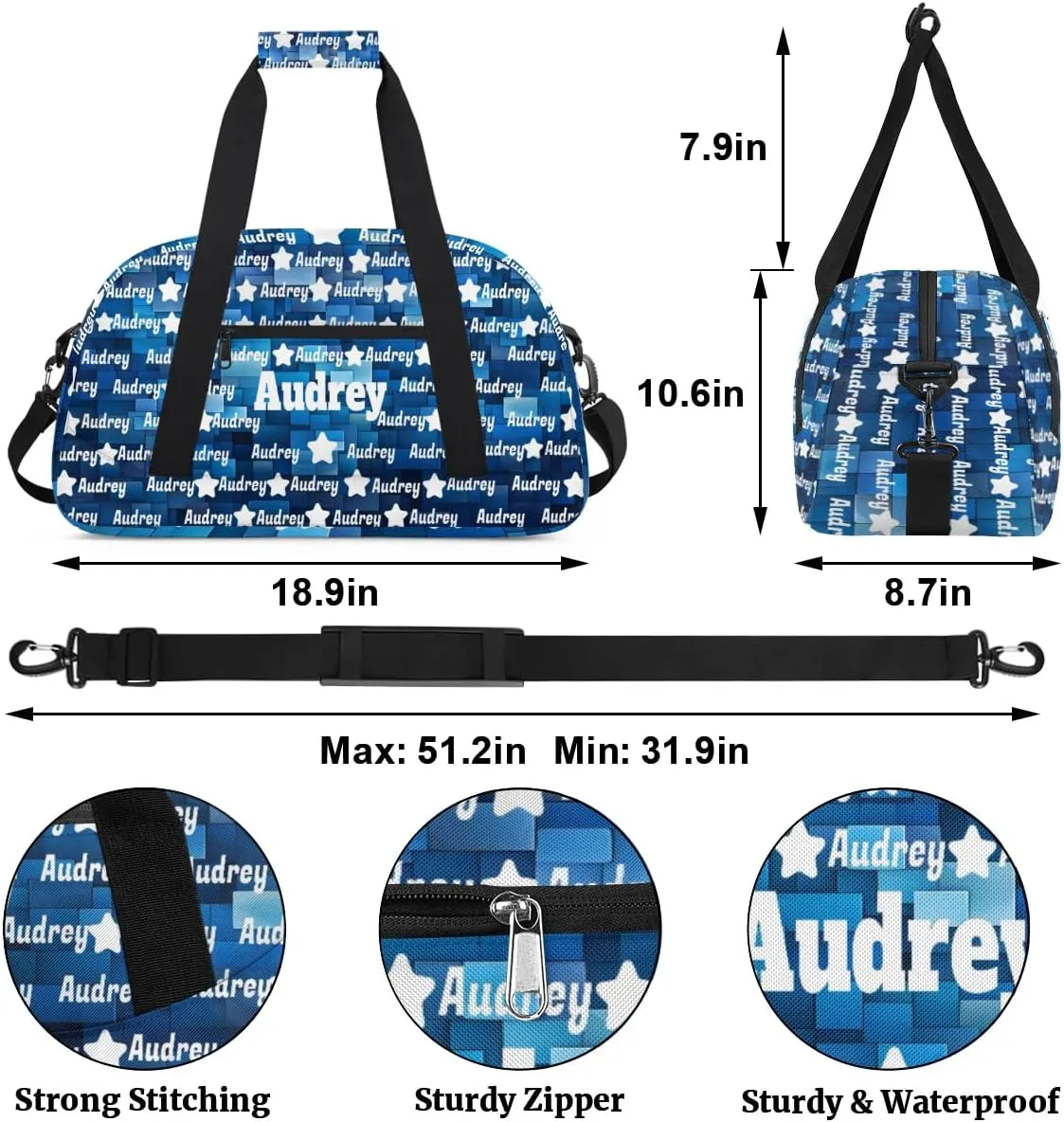 Custom Name Sport Bag Soccer Gym Duffel Bag, Personalized Full Name Dance Bag Customized Travel Football Basketball Duffle Bag, Blue Geometric Square Pattern Background