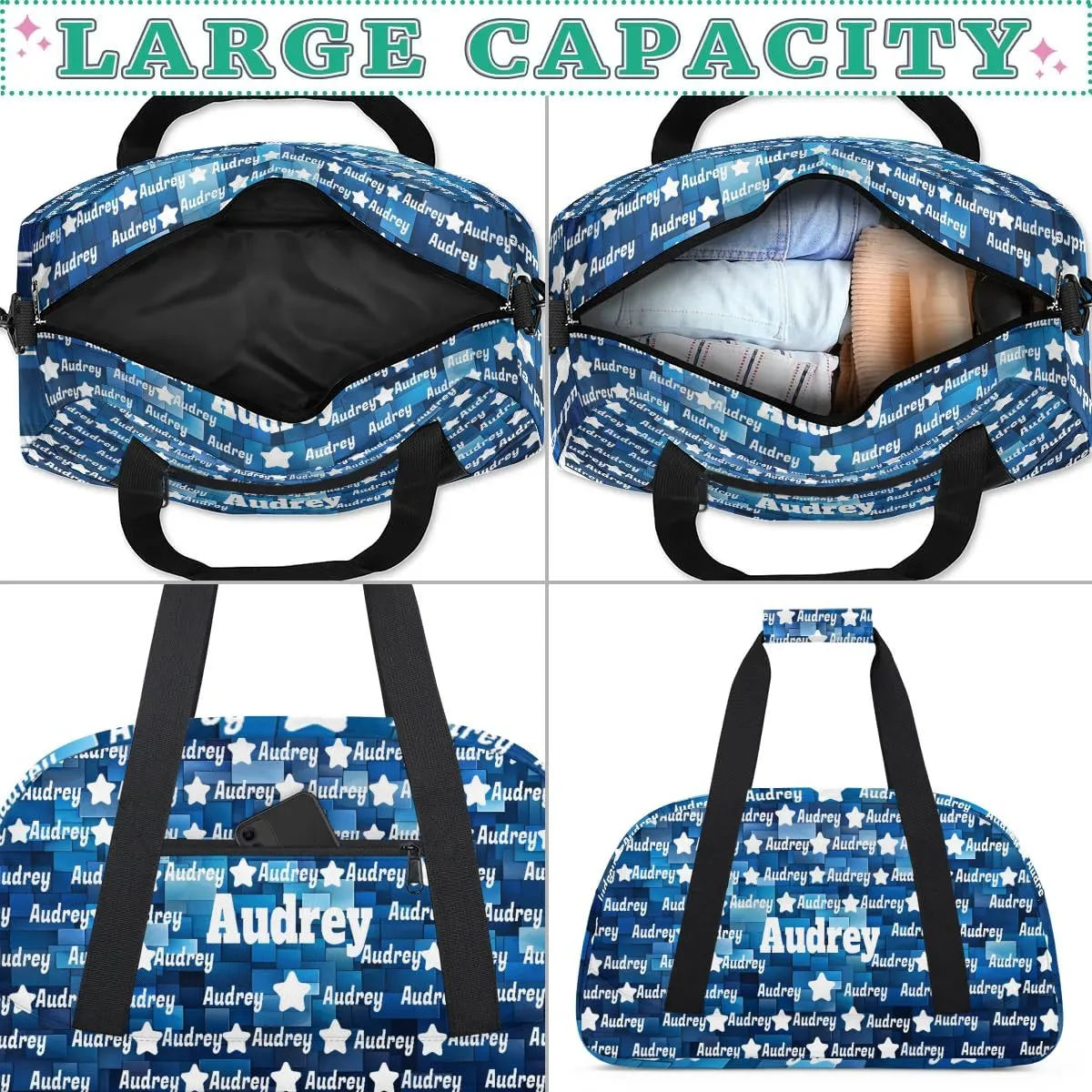 Custom Name Sport Bag Soccer Gym Duffel Bag, Personalized Full Name Dance Bag Customized Travel Football Basketball Duffle Bag, Blue Geometric Square Pattern Background