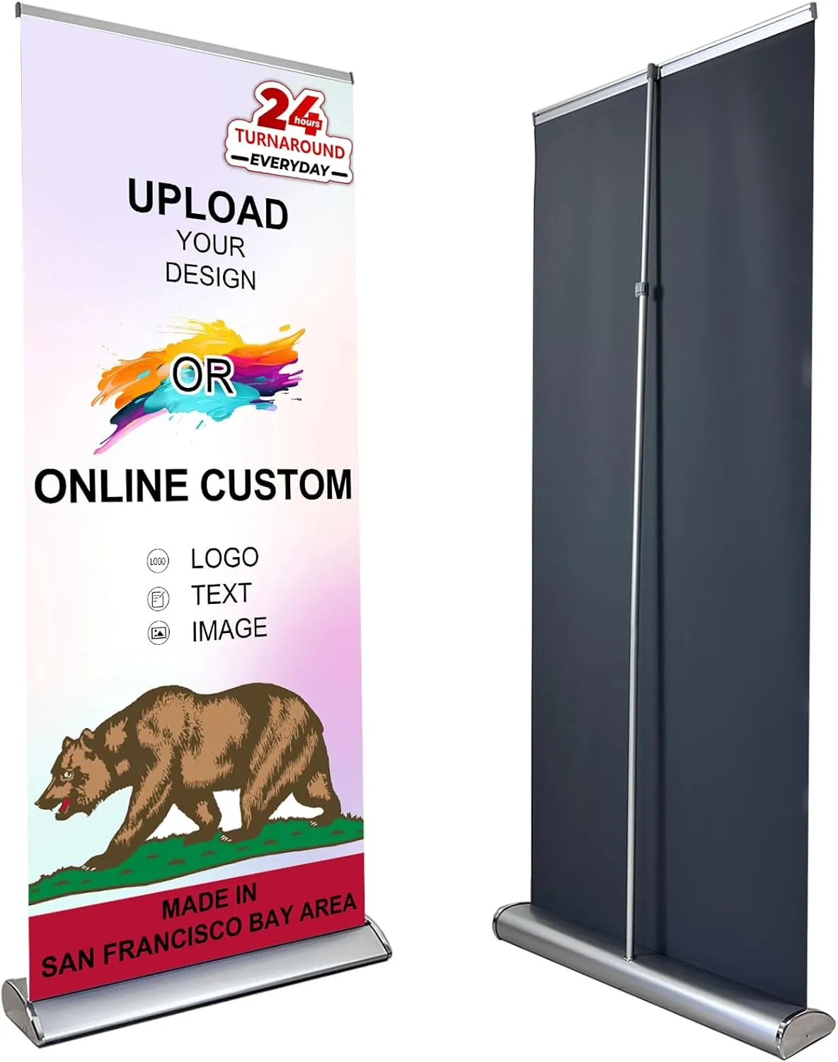 CUSTOM Retractable Banner Stand 33.5"x80" MADE IN USA UV Printing 1-2 DAY TURNAROUND with CURLFREE FABRIC Great for Trade Show and Event Business Display Includes Travel CASE AND STAND (Premium 33.5"x65~90")