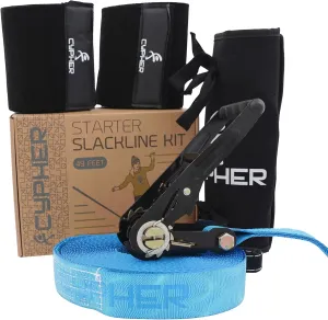 Cypher Slackline Starter Kit, 2 Inch Wide Webbing, 82 ft / 25 m Length with Ergonomic Retchet, Tree Protection and Padded Ratchet Covers (449688, 25 Meters)