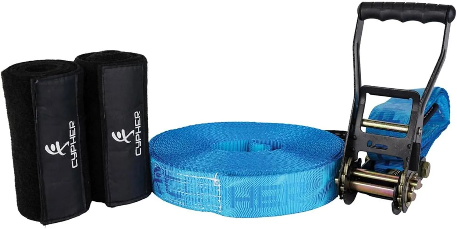Cypher Slackline Starter Kit, 2 Inch Wide Webbing, 82 ft / 25 m Length with Ergonomic Retchet, Tree Protection and Padded Ratchet Covers (449688, 25 Meters)