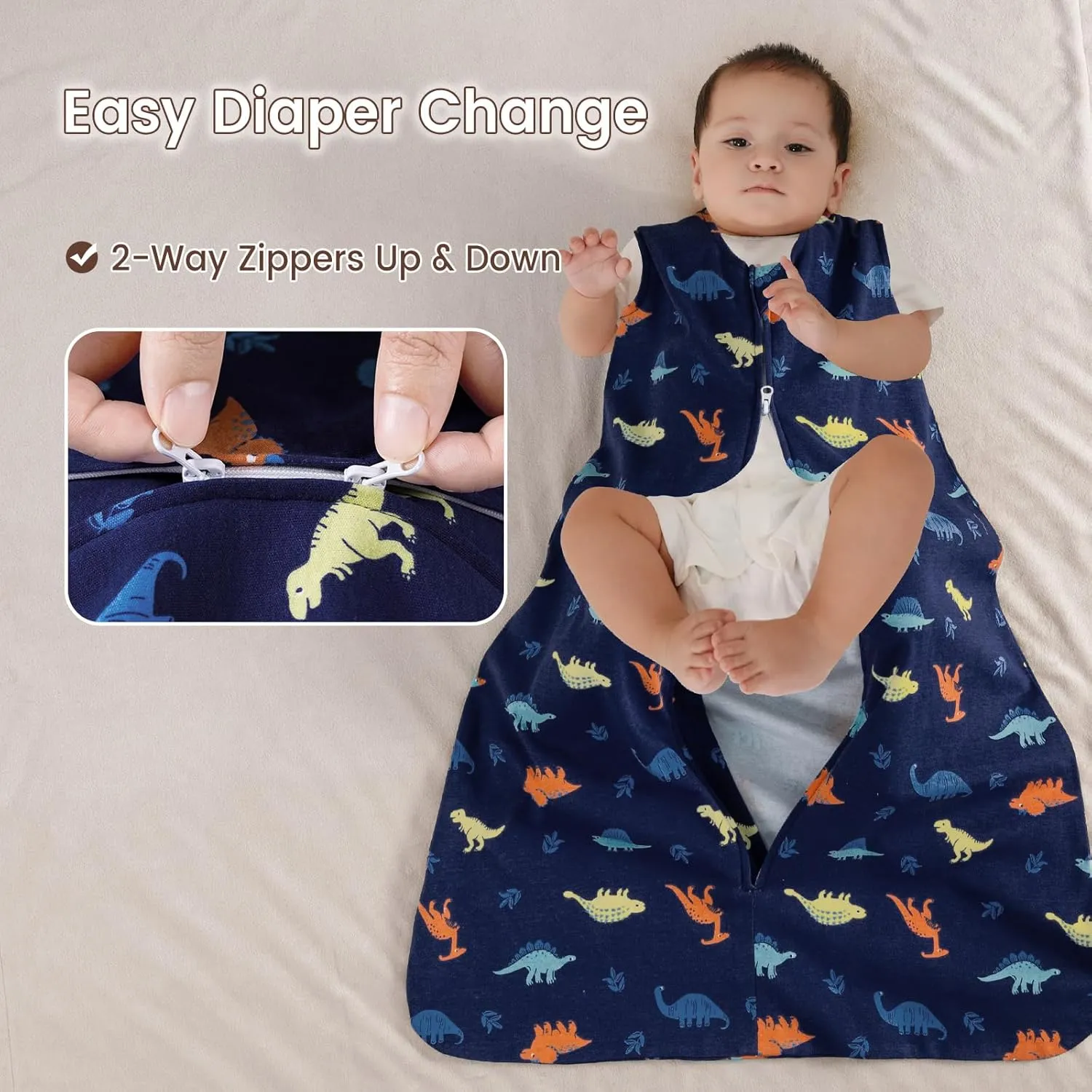 david's kids 100% Cotton Baby Sleep Sack 0-6 Months, Soft Baby Wearable Blankets with 2-Way Zipper, 2 Pack Comfy Sleeping Bags for Infant Newborn Boys Girls Neutral, Small Size, Dinosaur