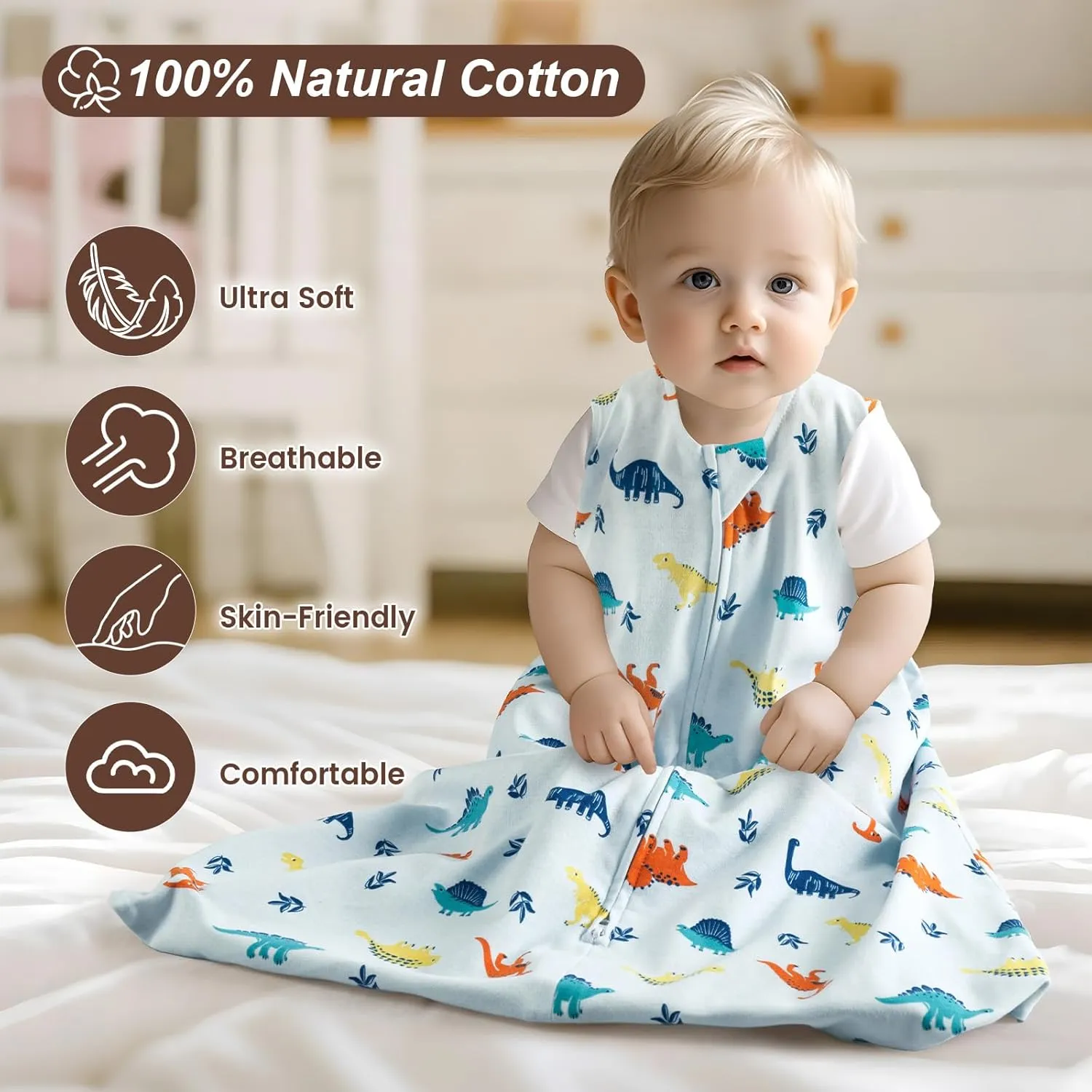 david's kids 100% Cotton Baby Sleep Sack 0-6 Months, Soft Baby Wearable Blankets with 2-Way Zipper, 2 Pack Comfy Sleeping Bags for Infant Newborn Boys Girls Neutral, Small Size, Dinosaur