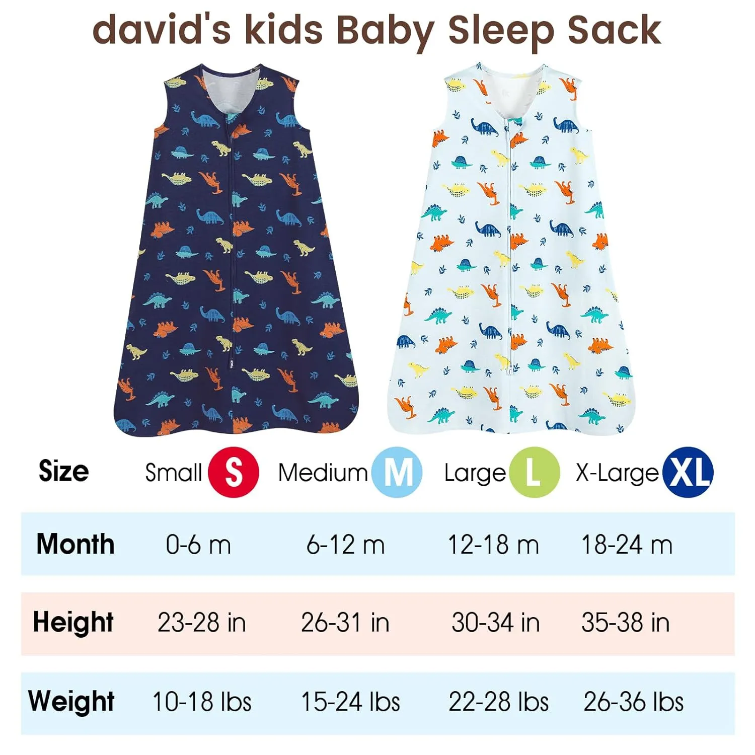 david's kids 100% Cotton Baby Sleep Sack 0-6 Months, Soft Baby Wearable Blankets with 2-Way Zipper, 2 Pack Comfy Sleeping Bags for Infant Newborn Boys Girls Neutral, Small Size, Dinosaur