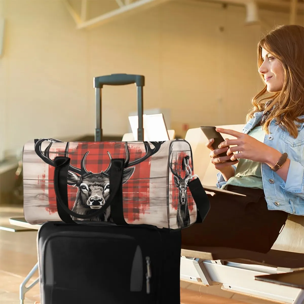 Deer Print Travel Duffel Bag for Women Men Waterproof Foldable Overnight Weekender Bag Large Capacity Sports Gym Bag