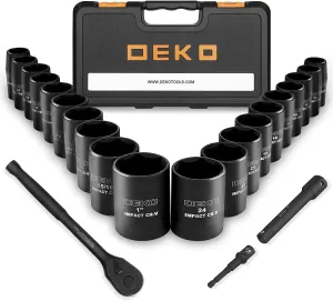 DEKOPRO 1/2-Inch Impact Socket Sets, 23 Pieces Drive Socket Set Mechanic Tool Set with 72 Teeth Reversible Ratchet, 1/2" Drive Metric/SAE, CR-V Steel