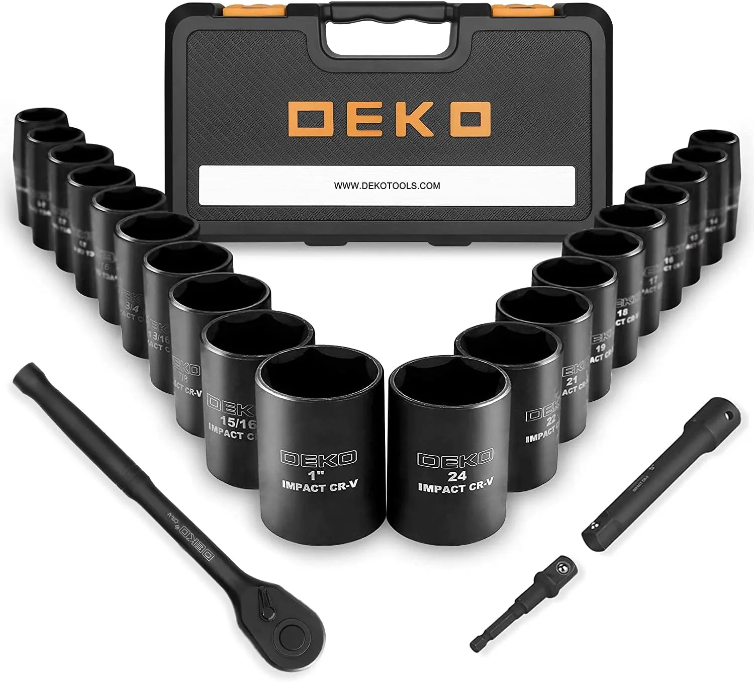 DEKOPRO 1/2-Inch Impact Socket Sets, 23 Pieces Drive Socket Set Mechanic Tool Set with 72 Teeth Reversible Ratchet, 1/2" Drive Metric/SAE, CR-V Steel