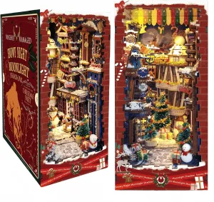 DIY Book Nook Kit Songs of Snowy Night - Christmas Night Theme Miniature Model Dollhouse 3D Puzzle, Assembly Bookend for Adult (Snowy Night Moonlight)