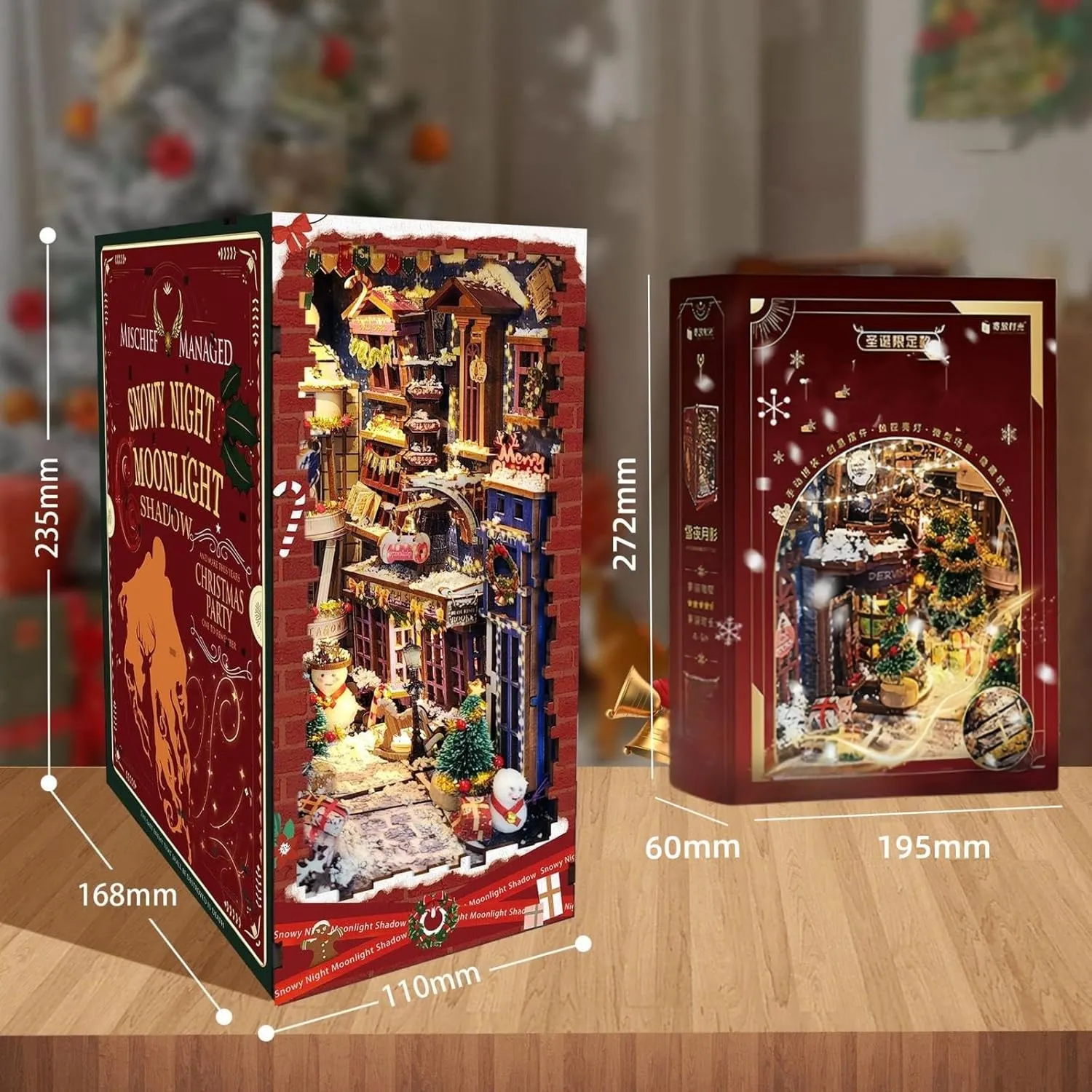 DIY Book Nook Kit Songs of Snowy Night - Christmas Night Theme Miniature Model Dollhouse 3D Puzzle, Assembly Bookend for Adult (Snowy Night Moonlight)