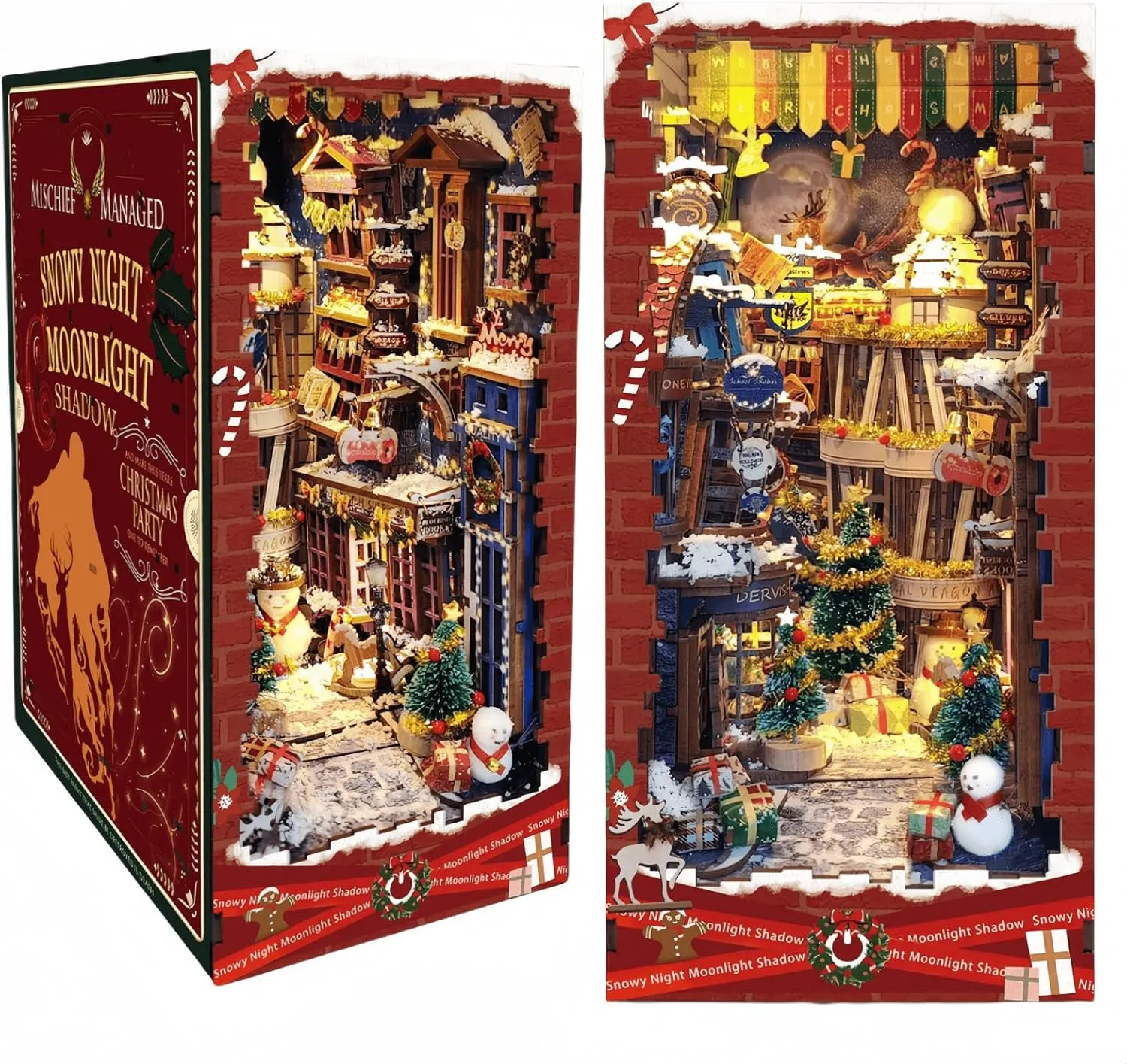 DIY Book Nook Kit Songs of Snowy Night - Christmas Night Theme Miniature Model Dollhouse 3D Puzzle, Assembly Bookend for Adult (Snowy Night Moonlight)