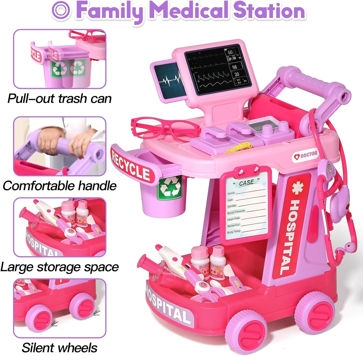 Doctor Kit for Toddlers Aged 3 4 5, Medical Pretend Play Set for Kids with Bag and Costume, Doctor Cart Toy for Girls Boys Birthday Gift (Pink)