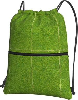 Drawstring Backpack with Zip Pockets, Green Grassland Print String Bag Lightweight Gym Sack, Hiking, Yoga