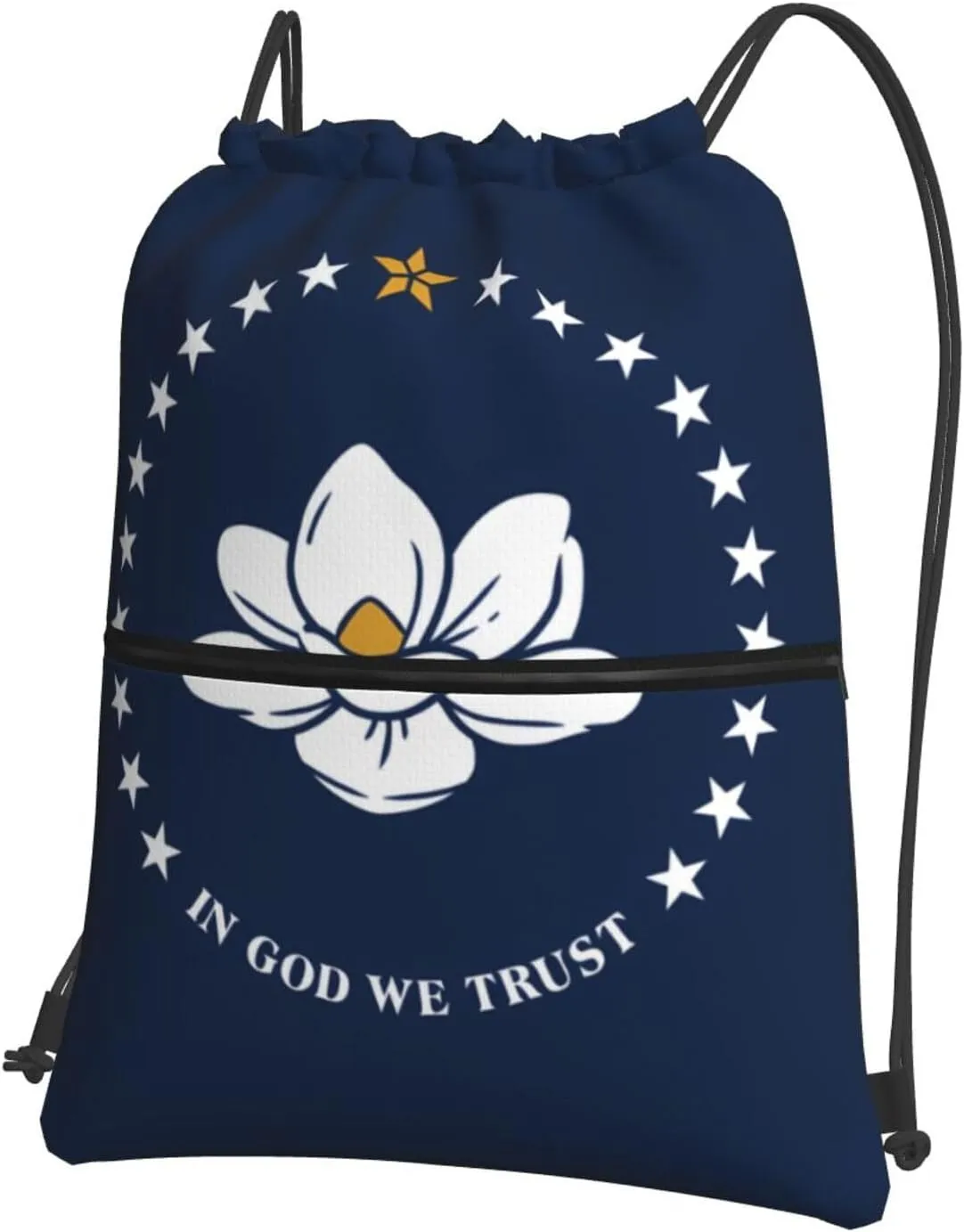 Drawstring Backpack with Zip Pockets, Mississippi State Flag Print String Bag Lightweight Gym Sack, Hiking, Yoga