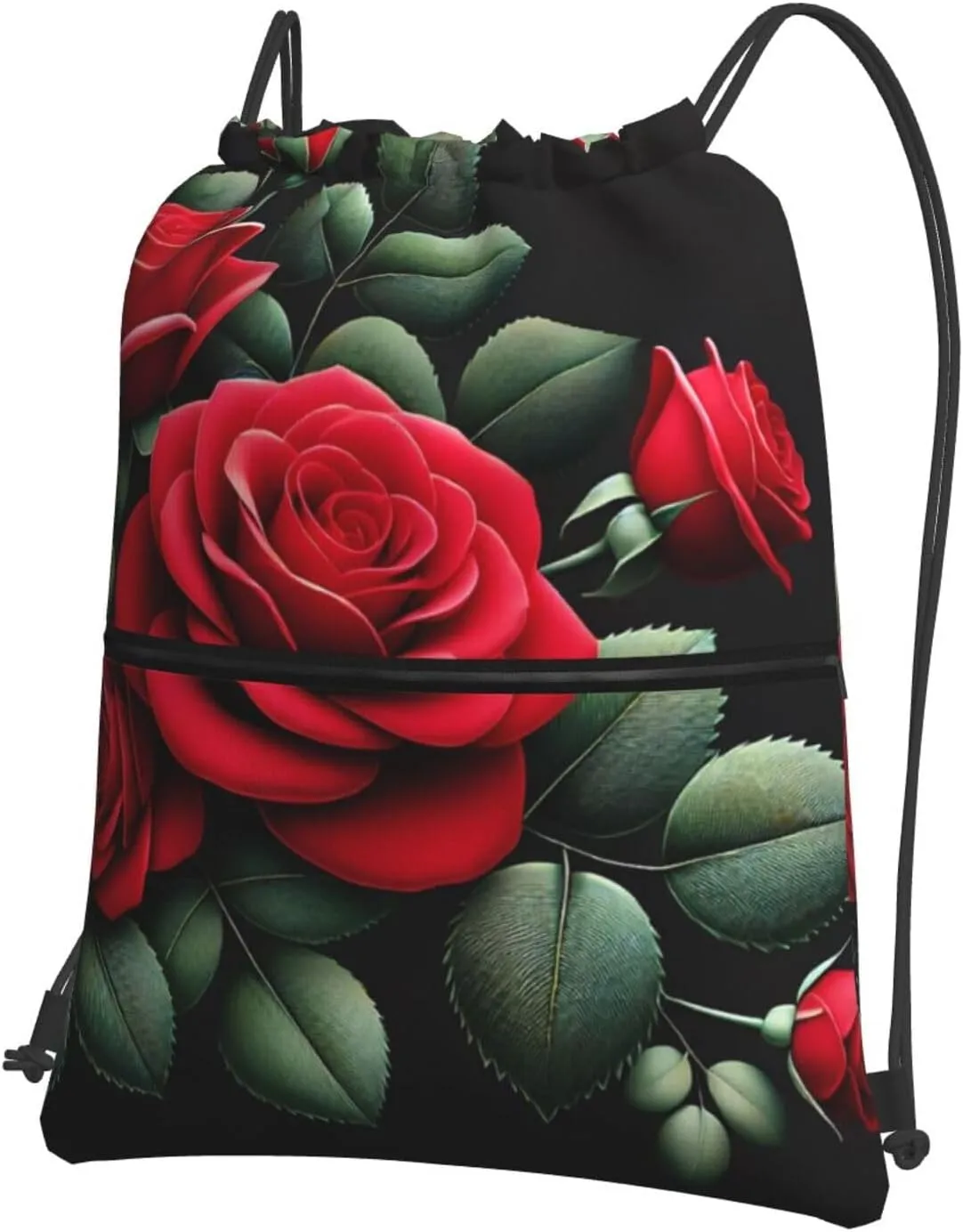 Drawstring Backpack with Zip Pockets, Vitality Rose Print String Bag Lightweight Gym Sack, Hiking, Yoga