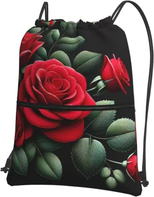 Drawstring Backpack with Zip Pockets, Vitality Rose Print String Bag Lightweight Gym Sack, Hiking, Yoga