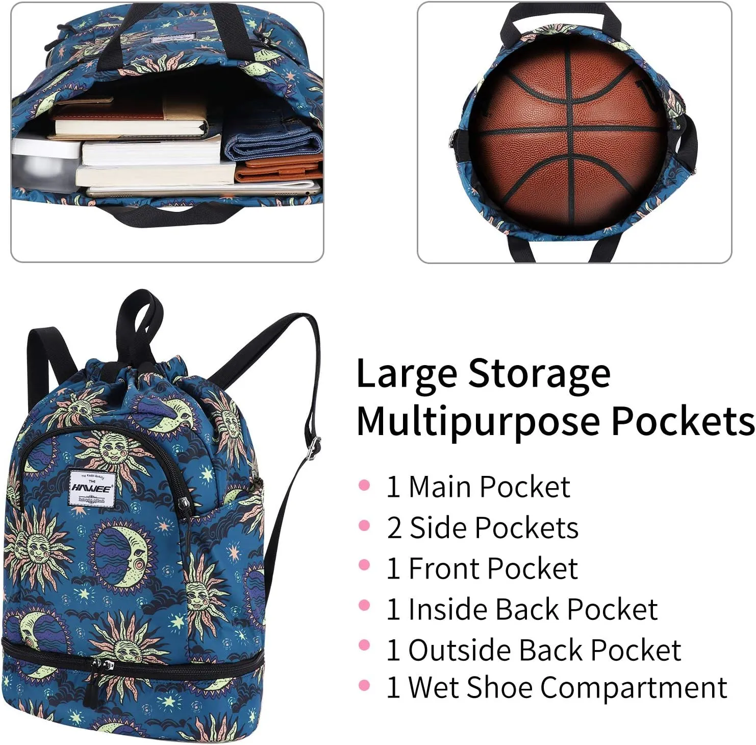Dry Wet Drawstring Backpack with Shoe Compartment for Women Adjustable Gym Bag