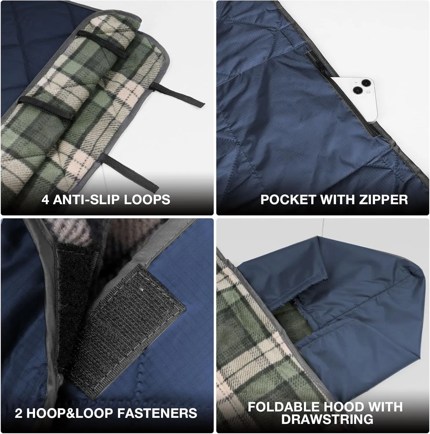DUKUSEEK Large Outdoor Blanket, Camping Blankets for Cold Weather, Waterproof Windproof Hooded Stadium Blanket 79"x59" Quilted with Extra Thick Fleece, Great for Camping, Picnic, Beach, Car, Dogs
