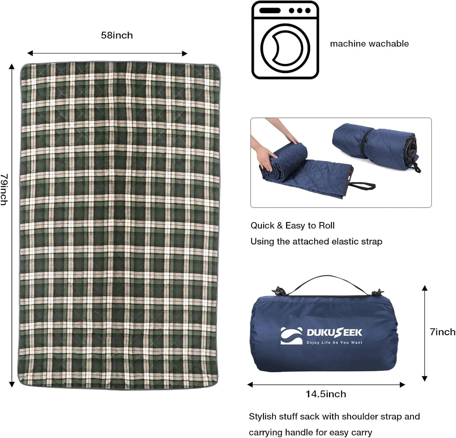 DUKUSEEK Large Outdoor Blanket, Camping Blankets for Cold Weather, Waterproof Windproof Hooded Stadium Blanket 79"x59" Quilted with Extra Thick Fleece, Great for Camping, Picnic, Beach, Car, Dogs