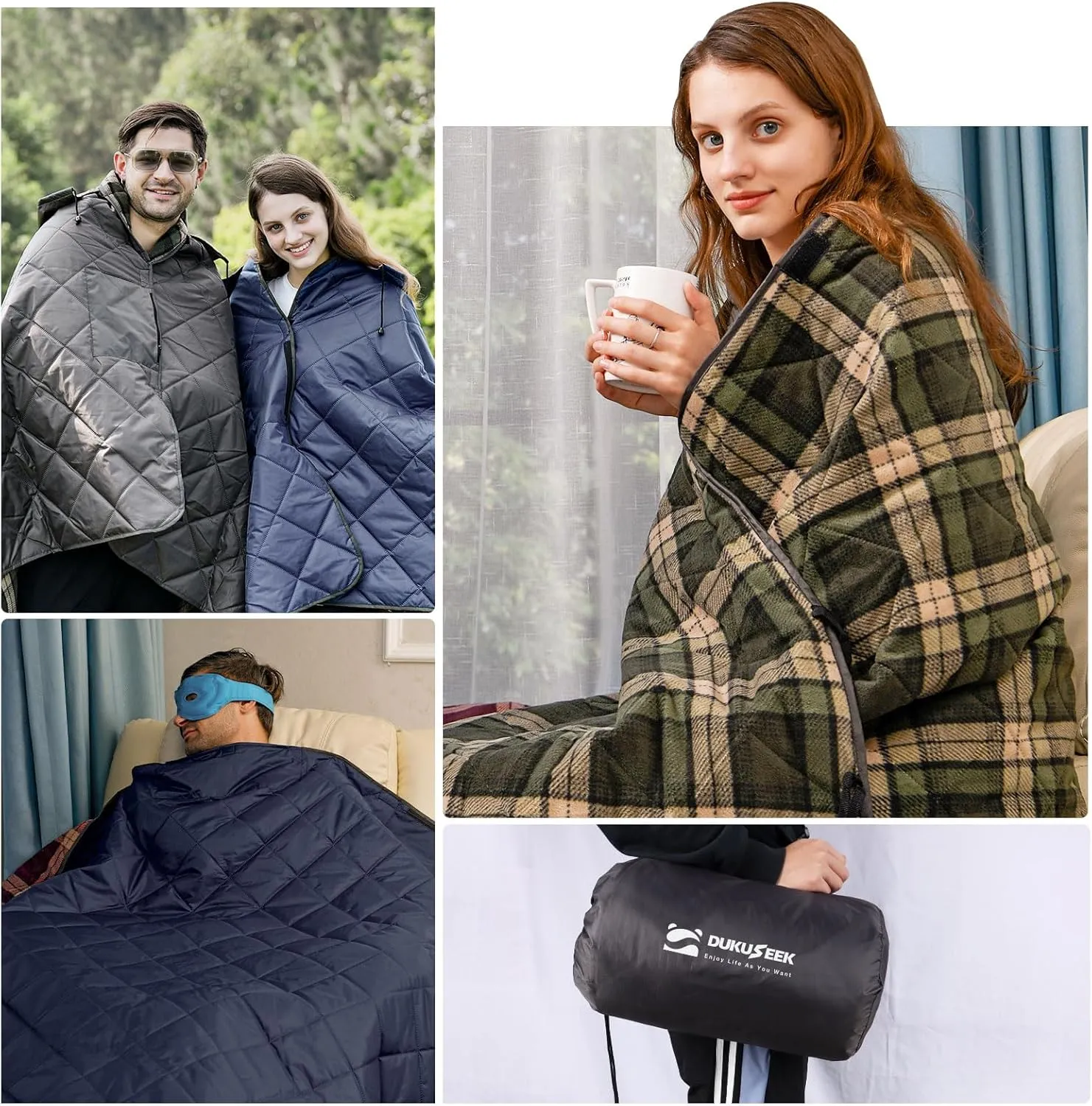 DUKUSEEK Large Outdoor Blanket, Camping Blankets for Cold Weather, Waterproof Windproof Hooded Stadium Blanket 79"x59" Quilted with Extra Thick Fleece, Great for Camping, Picnic, Beach, Car, Dogs
