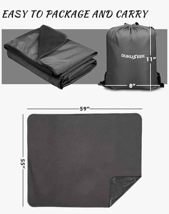 DUKUSEEK Outdoor Waterproof Stadium Blanket with Hood, Windproof Camping Blankets for Cold Weather, Sports, Yard, Soccer, Large Warm Fleece All Weather Blankets, Dark Blue 59"x56"